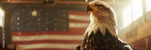 An eagle sculpture holding an American flag, with a voting booth in the background.