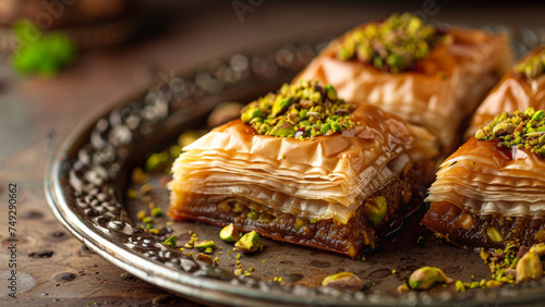 Layers of flaky baklava topped with pistachios invite a sweet indulgence.