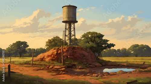 A peaceful depiction of a rural tube well harmonizing with the simplicity of the countryside