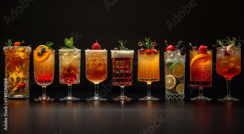 Glasses of various alcoholic cocktails with ice cubes and dressing on black background suitable for bar or nightclub.Macro.AI Generative.