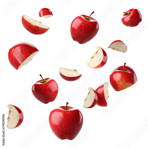  Red apples and apple slices floating in the air, isolated on transparent background. generative ai. 