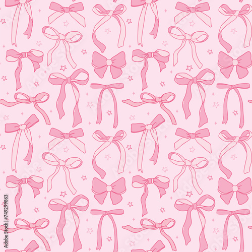 cute coquette ribbon bow pattern seamless doodle outline isolated on pink background..