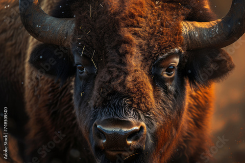 Close portrait of a bison looking straight into the camera 