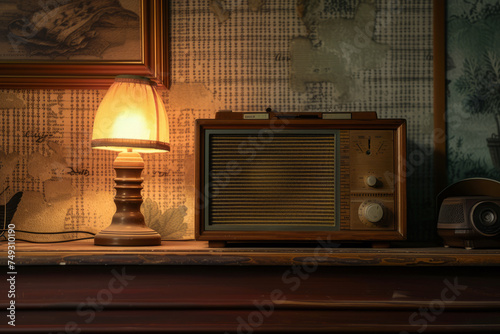 Old large radio standing on the sideboard with an old night glowing lamp next to it on the background of the wall with space for text or inscriptions, retro radio 