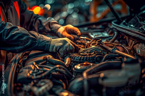 Detailed image showing the hands of a mechanic fine-tuning the engine of a car with tools
