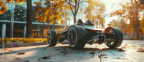 Sleek futuristic racecar on an urban autumn path.