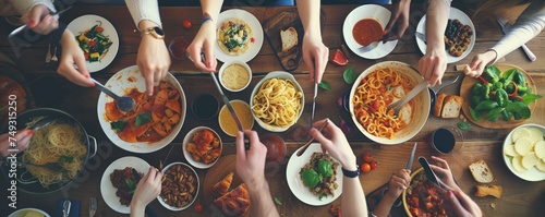 Detail of group people eating home made pasta