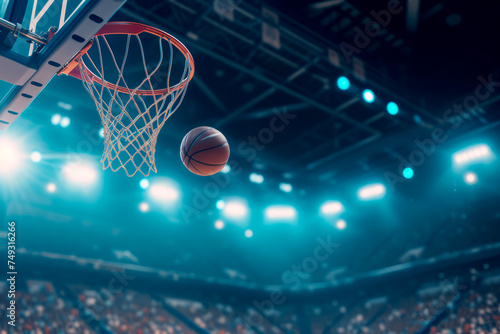 Basketball background. basketball ball flying into the basket with bright blue lights in the background with space for text or inscriptions 