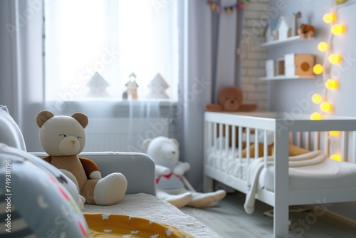 A baby room with a crib , chair , and teddy bear