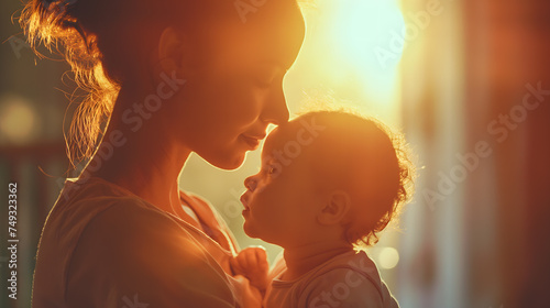 Tender Moment of a Mother and Child at Sunset