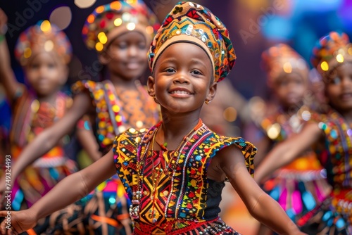 Joyful African Children Performing Traditional Dance in Colorful Attire with Blurred Background