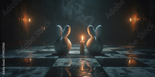Spooky easter decoration on black chess 