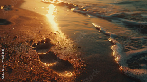  pegadas na areia da praia, luz contra a hora dourada, bela composição fotográfica