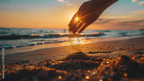 sinta o mar, mão deixando cair areia na praia, luz contra a hora dourada, fotografia bela composição