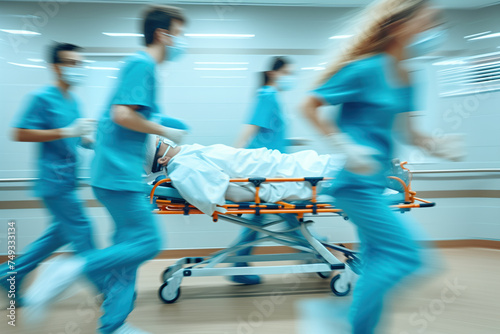 Blurred motion of medical staff rushing a patient on a gurney through a hospital corridor.