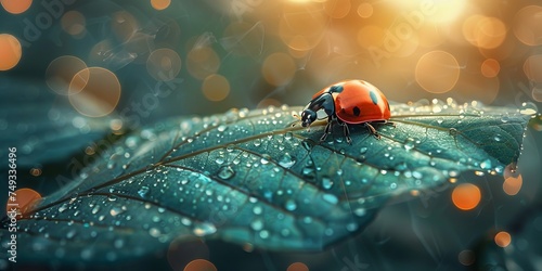 Beautiful ladybug on a green leaf with bokeh background