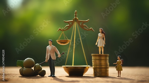 A miniature man and woman stand on either side of a balance