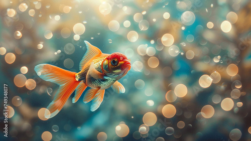 A goldfish gracefully swims in a fish tank, surrounded by a mesmerizing bokeh background