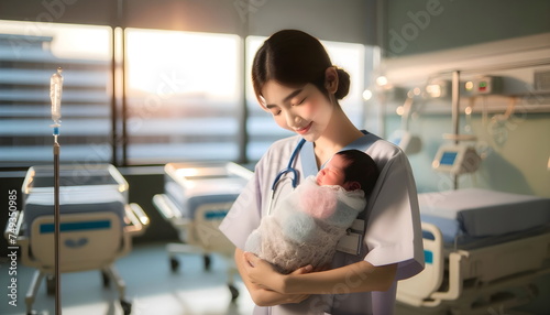 nurse woman holding a newborn baby in a hospital room