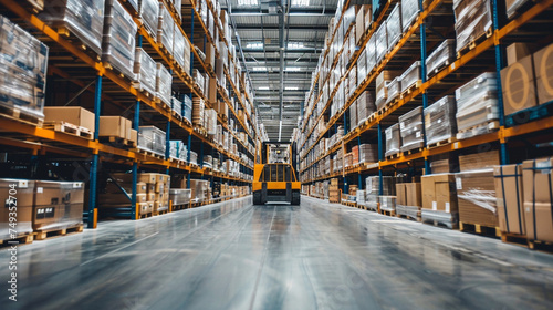 A vast warehouse space filled with neatly stacked pallets of goods, bustling with activity as forklifts and pallet jacks maneuver between aisles, while workers meticulously organiz