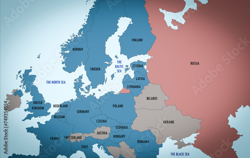 Countries included in the alliance NATO and Russia on Europe map.