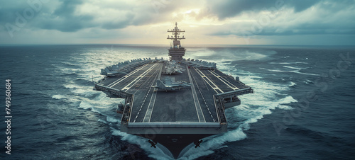 view of a generic military aircraft carrier ship with fighter jets take off during a special operation at a warzone.