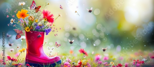 Pink rubber boot with spring flowers inside and butterflies around on bright background, concept of the arrival and celebration of spring, banner with copyspace
