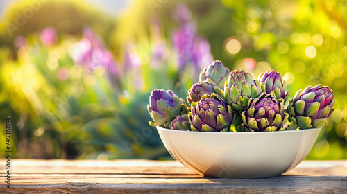 white bowl of artichokes on nature background