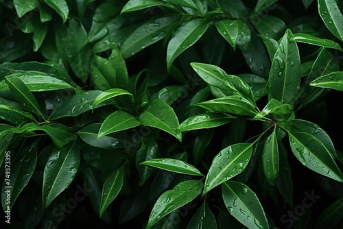Glossy green leaves of laurel shrubs in a foggy forest