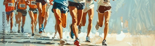close up of a group of diverse marathon runners male and female running wearing vests with bib numbers and running shorts