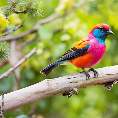 Multi colored bird perching on branch in forest generative AI.