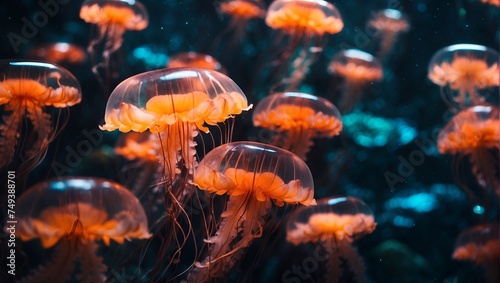Floating Orange jellyfish glow in underwater 