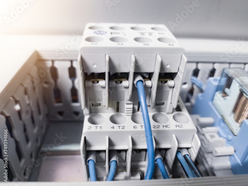 Close up the magnetic contactors relay on panel board, Wiring connection circuit to terminals relay switch contactor on the panel control. Installation wiring connection magnetic contactors.