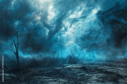 In a landscape where hell meets earth, a blue aura filters through chaos, highlighting the despair.