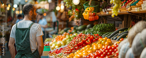 A grocer stands amidst a vibrant array of fresh produce at a local market.