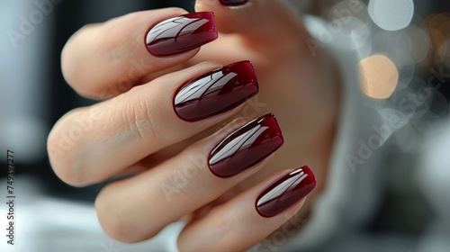 Close up of woman's manicure nails, red nail color, beautiful woman's nails with french manicure, red colored nails, make up and cosmetics, red nail polish