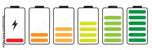 set of vertical flat battery level indicator in percentage. linear Battery indicator symbols. colorful Battery level from 0 to 100 percent isolated on white background. eps10