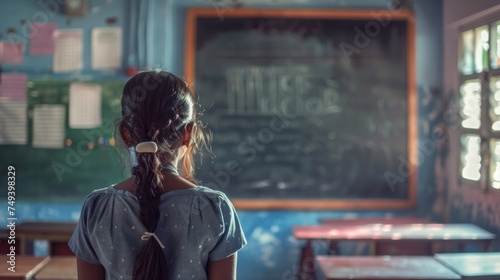 Rear view of Indian schoolchild looking at blackboard in classroom
