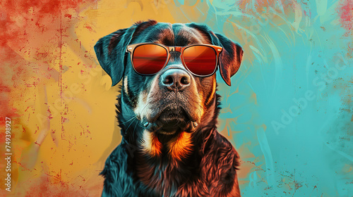 cool looking rottweiler dog wearing sunglasses, mixed grunge colors style illustration.