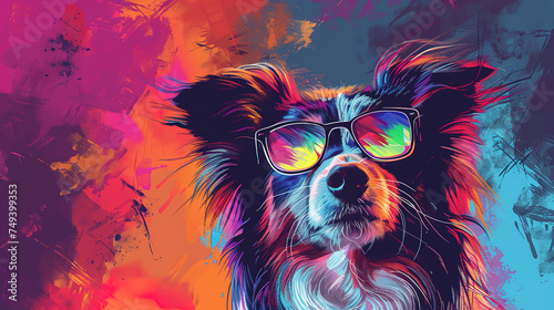 cool looking shetland sheepdog dog wearing sunglasses, mixed grunge colors style illustration.