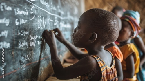 Poor students in African school studying lessons and writing notes on blackboard