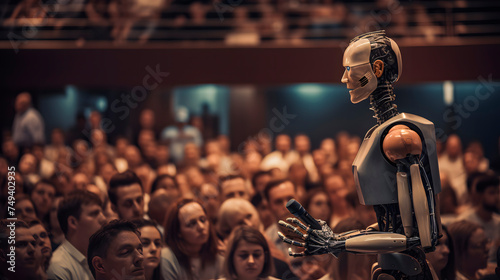 a robot giving a lecture, a robot speaking to an audience