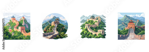 Great Wall, historical fortification, Chinese landmark clipart vector illustration set