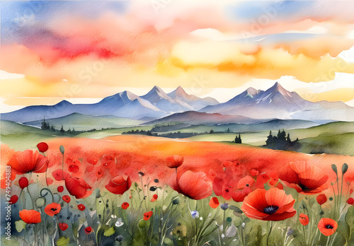 A typical Tuscany landscape with poppy flowers