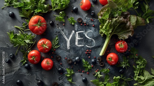 Tomatoes, herbs, olives, celery and a YES sign in the centre. Say yes to vitamin vegetables! Chalk on a black board saying YES. Talk to vegetables more often, they are great conversationalists