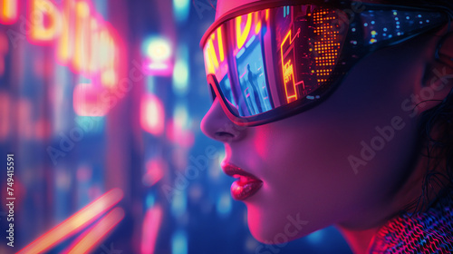 Energetic girl in reflective sunglasses, bright night urban landscape, urban style and trend
