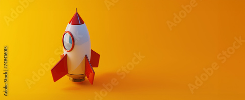 A playful, bright toy rocket on an orange background symbolizing adventure and innovation, ideal for children's events or science-themed celebrations.