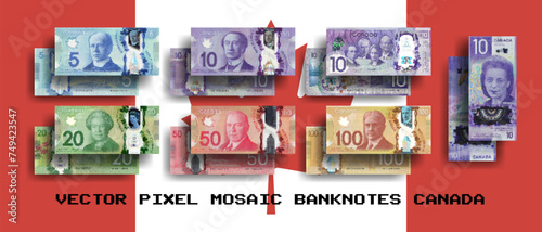 Vector set pixel mosaic banknotes of Canada. Collection notes of 5, 10, 20, 50 and 100 dollars denomination. Obverse and reverse. Play money or flyers.