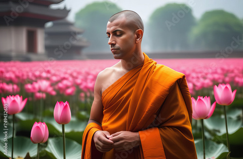 buddhist monk with field of flowers on background. Shaolin monk meditating. Monk in the village