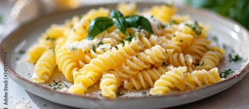 Detailed close-up of a plate with Fusilli pasta topped with creamy ricotta cheese and aromatic herbs, on a wooden table.